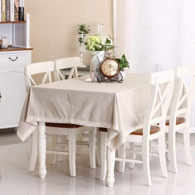 Enova Home Natural Simple Rectangle Cotton and Linen Washable Tablecloth, Lace Table Cloth Cover with Pattern Printed for Kitchen Dinning Tabletop (54 x 80 Inch, Simple White)