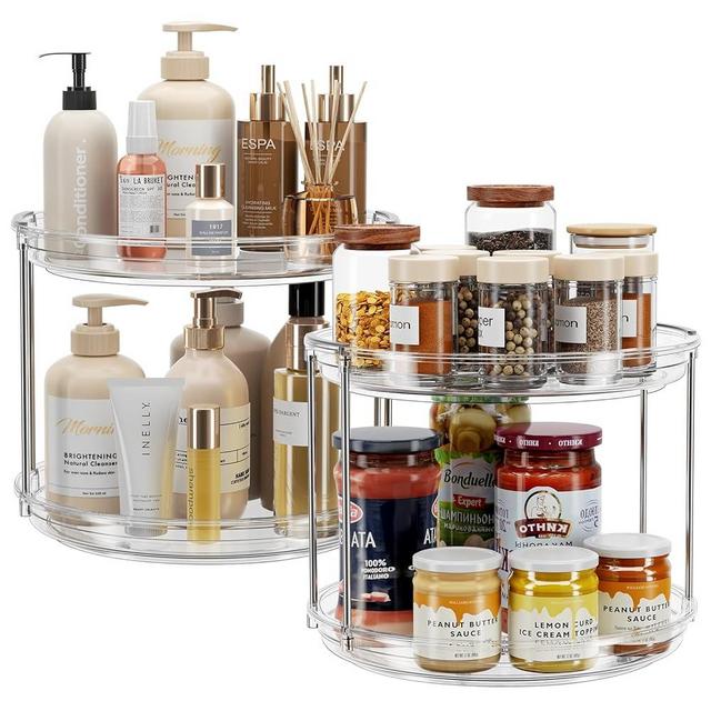 LAMU 2 Pack 2 Tier Lazy Susan Turntable Organizer for Cabinet 9.25'' Rotating Spice Rack Organization for Kitchen, Pantry, Spining Makeup Organizer for Bathroom Vanity, Medicine Organizer, Clear