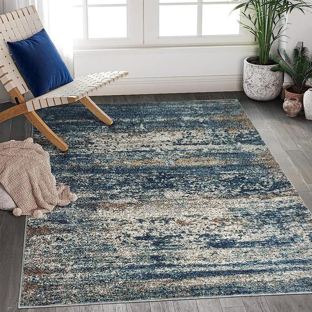 Art&Tuft Washable Rug, Anti-Slip Backing Abstract Area Rug 5x7, Stain Resistant Rugs for Living Room, Foldable Machine Washable Area Rug(TPR19-Navy, 5'x7')