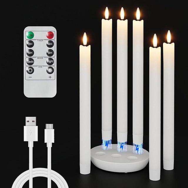 NOMFIX 6 Pcs Rechargeable Flameless Taper Candles, Real Wax Flickering Flameless Candlesticks with Charging Station, LED Taper Candles with 3D Wick for Fireplace Xmas (White)