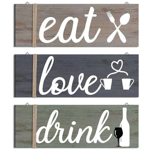 Jetec 3 Pcs Farmhouse Kitchen Wall Decor Eat Sign Rustic Wooden Kitchen Sign Wood Home Sign Eat Drink Love Sign with Hanging Hole for Home Kitchen Living Room Bar Decor (Soft Color,Gentle Style)