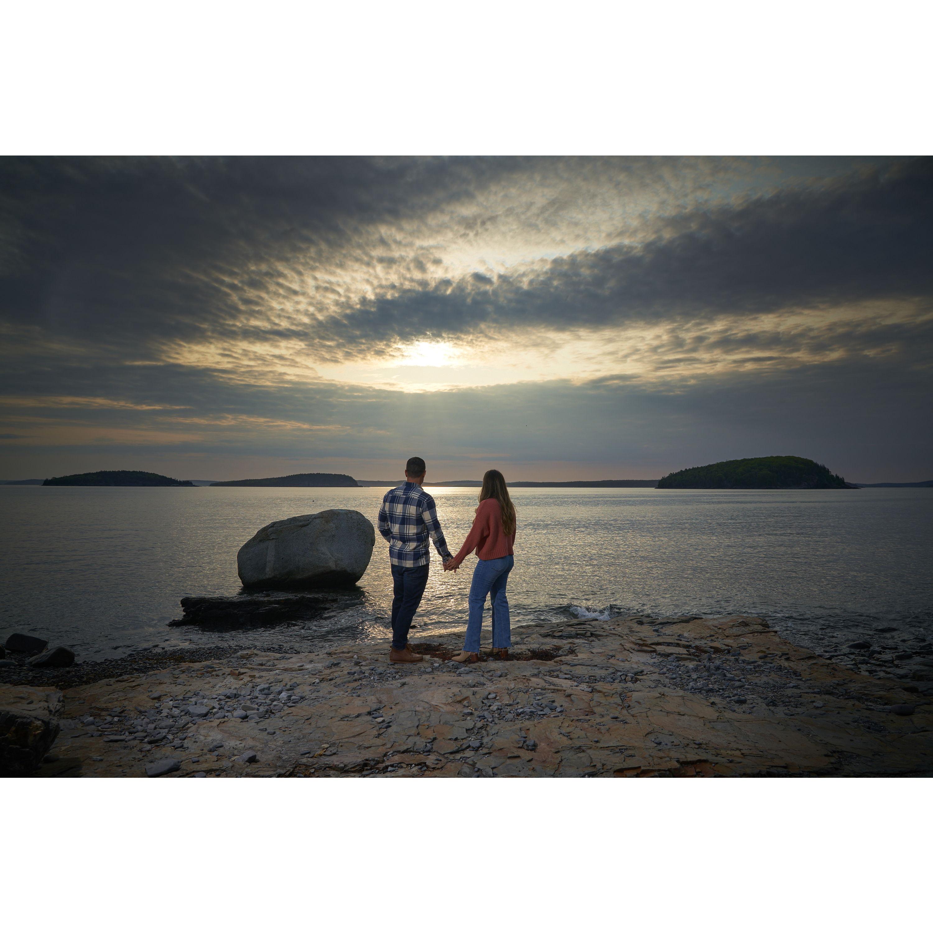 Sunrise overlooking Balance Rock at Shore Path in Bar Harbor, Maine.