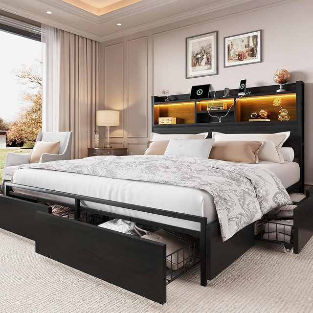 LARMACE Queen Size Bed Frame with 6 Storage Drawers and Headboard Wooden Platform Bed Frame with LED Lights and Charging Station Easy Assembly/No Box Spring Needed/Black