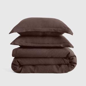 European Linen Double Flange Duvet Cover Set - Espresso, Full/Queen