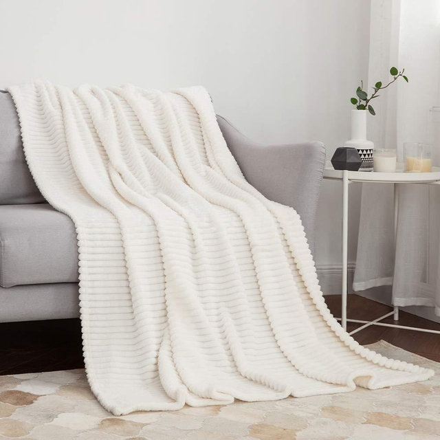 MIULEE Fluffy Throw Blanket Soft Fleece Stripes Pattern Blanket Lightweight Breathable Sofa Blankets for Relax Napping Sleeping (Throw Size, Cream White)