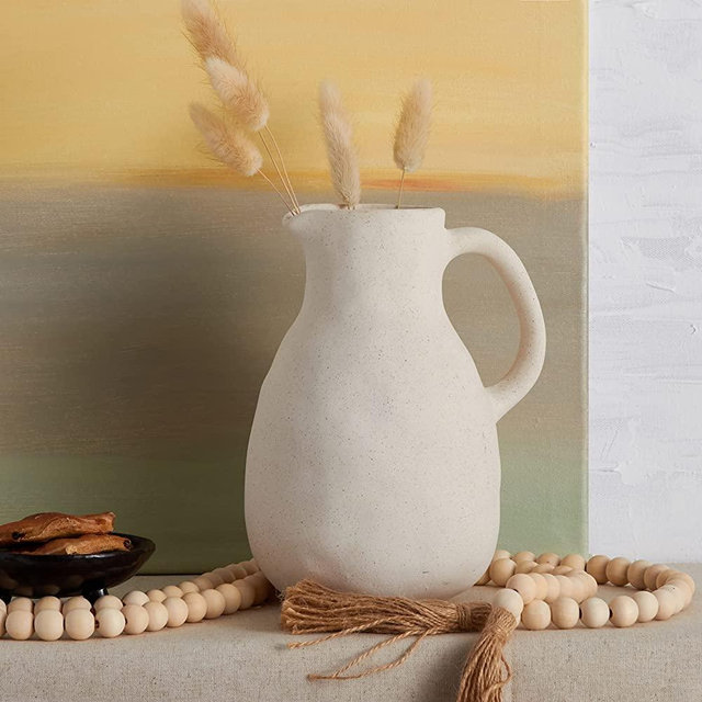 Neutral White Ceramic Vase for Wabi Sabi Home Décor, Medium Hand Made Jug for Rustic Centerpiece, Vintage Handle Jug Vase for Flowers, Matte Ceramic Chalk Vase to DIY-Height 8.27”