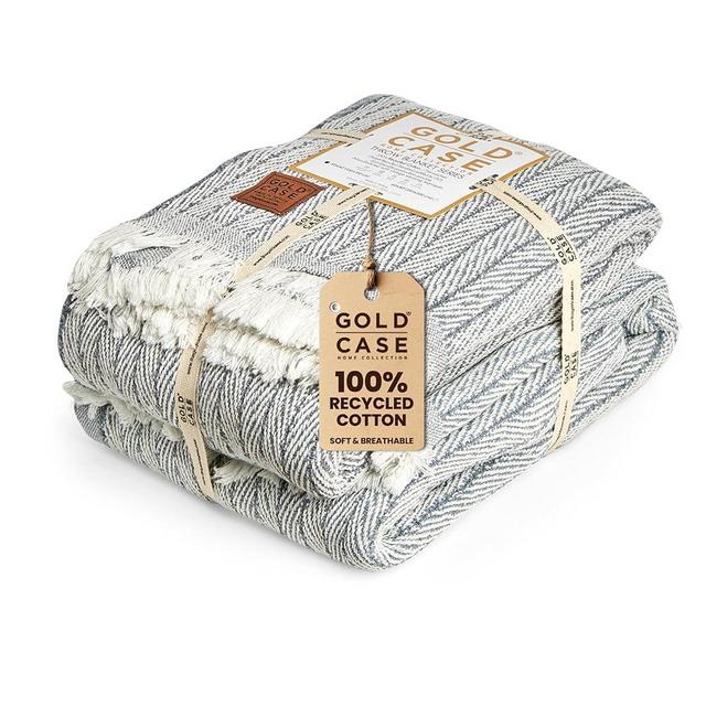 Gold CASE Throw Blanket for Couch - 100% Recycled Cotton 50x60 - Vintage Throw Blankets for Living Room, Bed, & Outdoor - Decorative Boho Blankets & Throws - Couch Throw Blanket - Grey