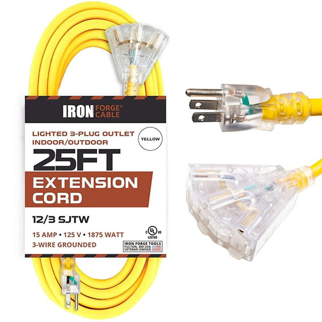 25 Foot Lighted Outdoor Extension Cord with 3 Electrical Power Outlets - 12/3 SJTW Heavy Duty Yellow Extension Cable with 3 Prong Grounded Plug for Safety, 15 AMP