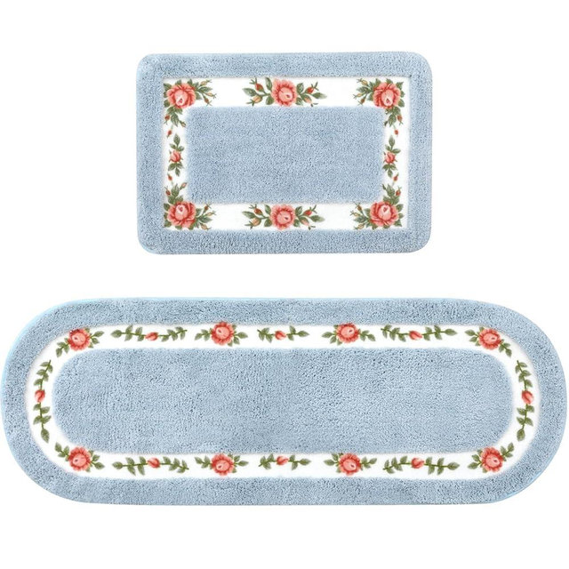 Drydiet 2 Pcs Rose Flowers Bathroom Rugs Set Coquette Room Decor Floral Rugs for Bathroom Bedroom Living Room,Non Skid Absorbent Romantic Rose Flower Area Rugs 2 Shapes(Blue,Small)