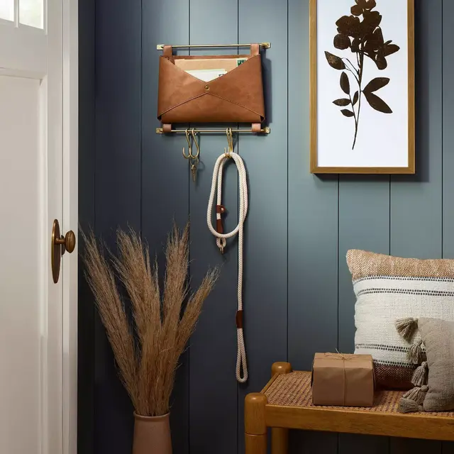 Entryway Organizer Faux Leather and Gold - Threshold™: Wall Mounted Mail Holder with Hooks, Brown, 14" Length