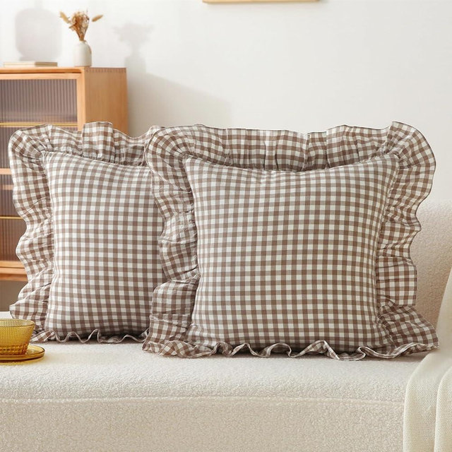 Jilboo 2 Pack 18 x18 inches Warm Taupe/White Checkered Throw Pillow Covers 100% Washed Cotton Vintage Ruffle Trim Decorative Gingham Pillowcases with Zipper Closure for Bed/Living Room