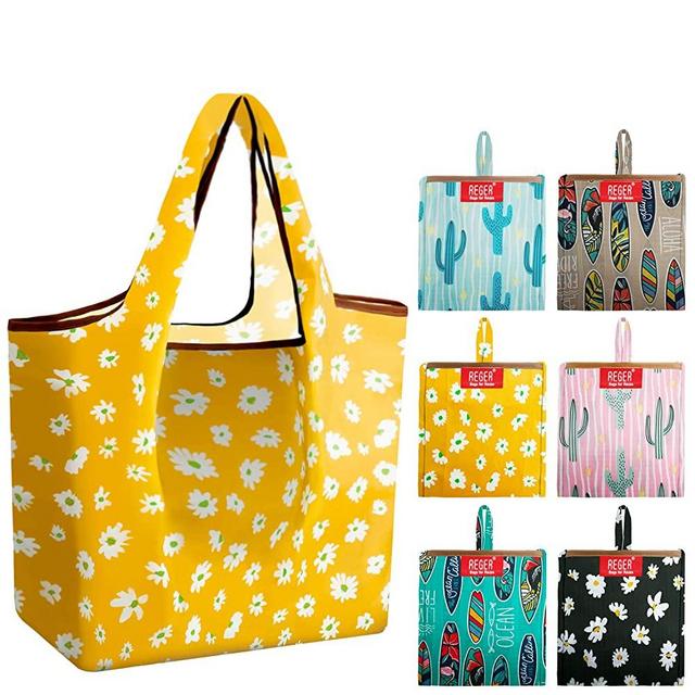 Grocery Bags Reusable Shopping Bags Foldable With Pouch Large 50 LBS 6 Pack Cute Groceries Totes Bags Ripstop Fabric Light weight Sturdy Machine Washable