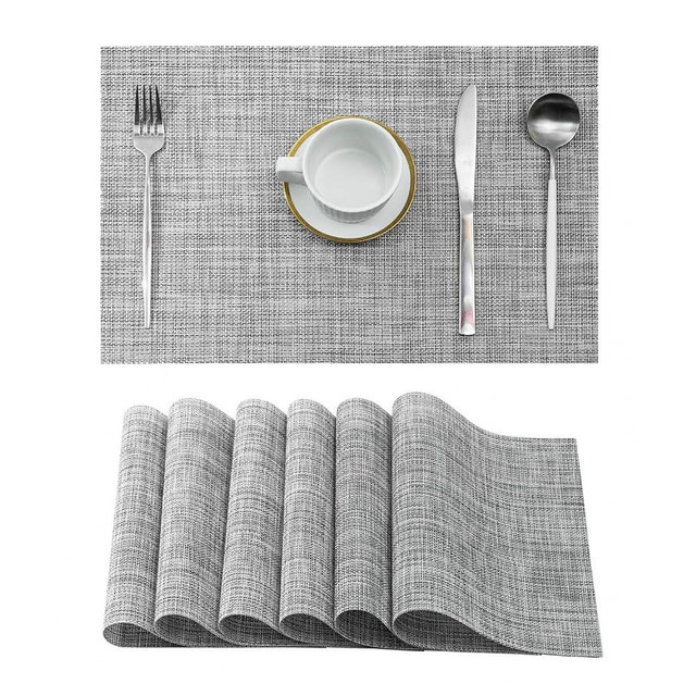 Leetaltree Linen Grey Placemats Set of 6 - Heat Resistant Non-Slip Place mats for Dining Table, Washable Durable PVC Vinyl Woven Table Mats（Linen Grey, 6）