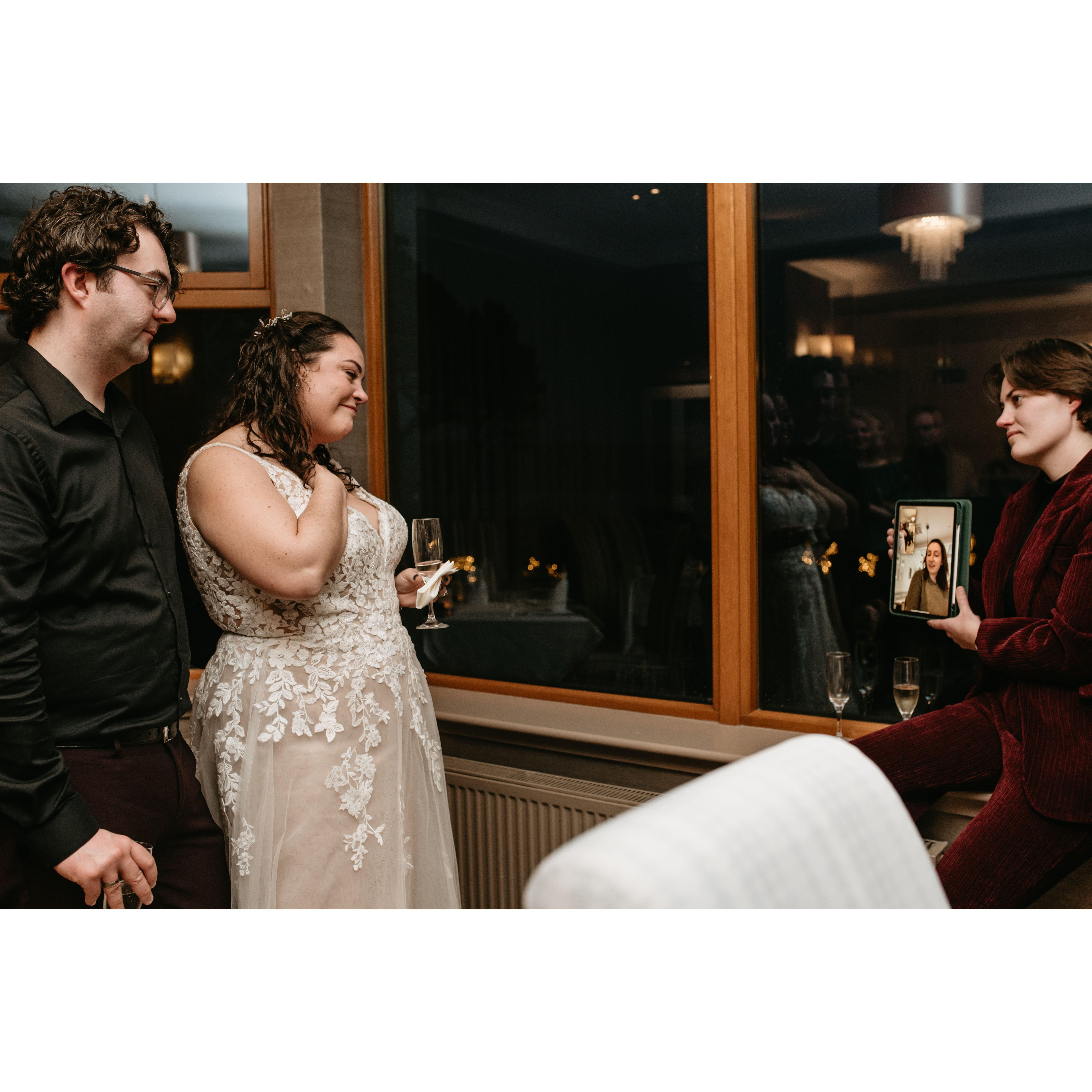 Even though she couldn't be here, we were able to FaceTime with Sally so that she could still deliver her maid-of-honor speech! Lauren truly could not stop crying!