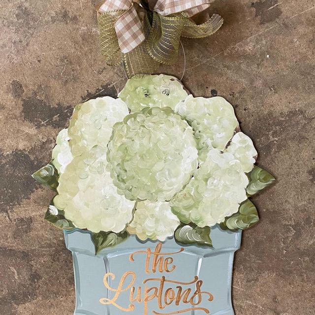 White Hydrangea flower pot door hanger