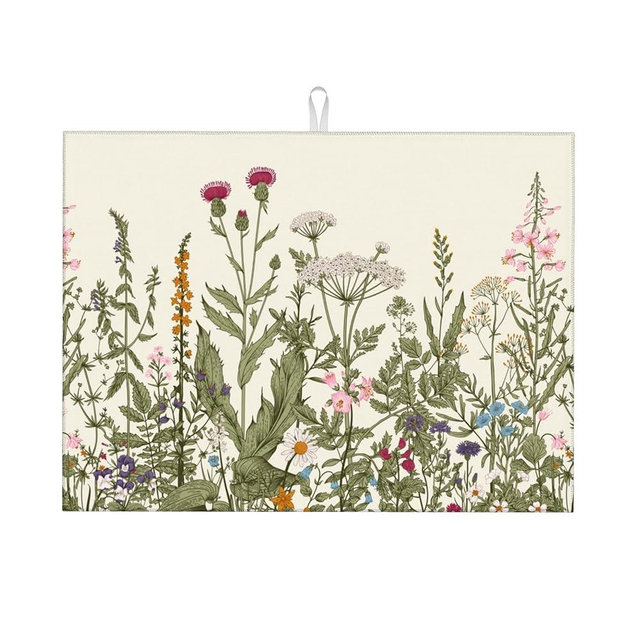 Floral Dish Drying Mat for Kitchen Counter, 18 x 24 Inch Microfiber Spring Summer Dish Mats for Drying Dishes, Antique Herbs and Flowers Dish Drying Pad Kitchen Decor Rack Mat