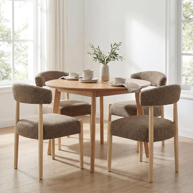 VKNOW Wooden Dining Chairs Set of 4, Modern Upholstered Dining Room Chairs with Rubberwood Legs and Curved Backrest, Fabric Kitchen Chairs for Farmhouse/Living Room/Dining Room, Dark Brown