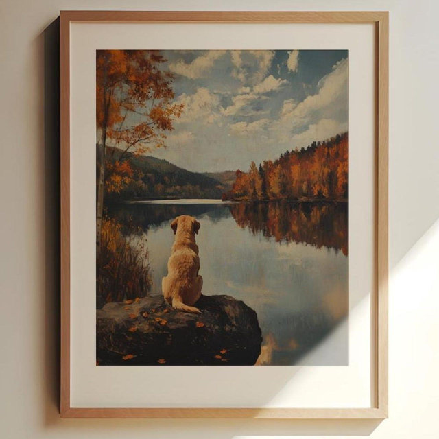 Vintage Yellow Labrador Wall Art | Yellow Lab Home Decor | Art print Poster | Labrador Gift | Lake View | Fall Season