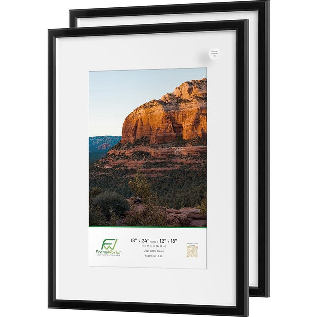 FrameWorks 2-Pack 1 3/8" Thick Black Wooden Shadow Box Picture Frames 18” x 24” with Removable White Mat to 12" x 18" Photo