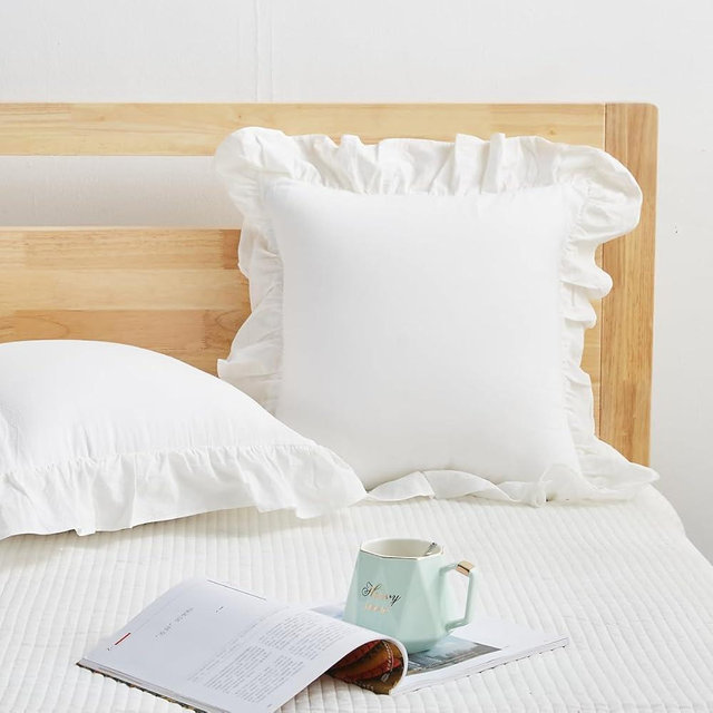 Mywinlle White Ruffle Decorative Throw Pillow Covers for Couch,2 Pack Vintage Washed Cotton Pillowcases for Bed, Sofa, Living Room-20"x20"