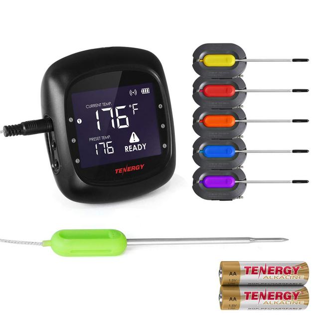 Tenergy Solis Digital Meat Thermometer, APP Controlled Wireless Bluetooth Smart BBQ Thermometer w/ 6 Stainless Steel Probes, Large LCD Display, Carrying Case, Cooking Thermometer for Grill Smoker