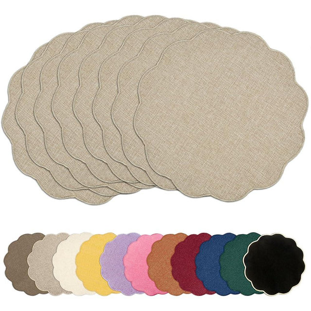AHHFSMEI Round Faux Linen Placemats Set of 8 Heat Resistant Non-Slip Stain Proof Table Mats for Kitchen Dining Elegant Decor Place Mats (Linen Beige,8)