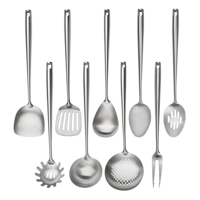 18/10 Stainless Steel Cooking Utensils Set,9 Pcs Professional All Metal Stainless Steel Kitchen Utensils Set with Wok Spatula,Soup Ladle,Skimmer,Slotted Spatula Turner, Large Spoon(Dishwasher Safe)