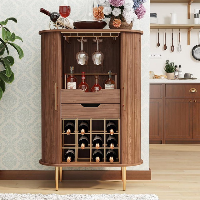 ARTPOWER Wine Bar Cabinet with Tambour Door, 16-Bottle Storage, Glass Stemware Rack & Coffee Bar Station, Multi-Functional Wine Cabinet for Living Room & Kitchen, Walnut