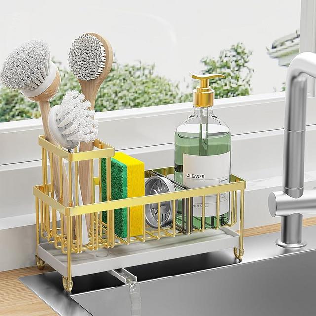 Cisily Sponge Holder for Kitchen Sink, Sink Caddy with High Brush Holder, Organzier Rustproof 304 Stainless Steel Dish Organizer Divider, Soap Dispenser Storage(Gold)