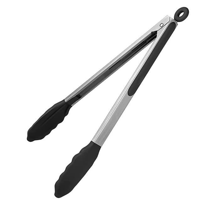 600℉ Heat Resistant Kitchen Tongs: U-Taste 12 inch Large Silicone Cooking Tong with Sturdy Non Stick Rubber Tips & Silicon Coated 18/8 Stainless Steel Handle & Smooth Locking for Serving Grill (Black)