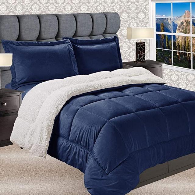 Elegant Comfort Softest, Coziest Premium Quality Heavy Weight Micromink Sherpa-Backing Reversible Down Alternative Micro-Suede 3-Piece Comforter Set, Queen, Solid Navy Blue
