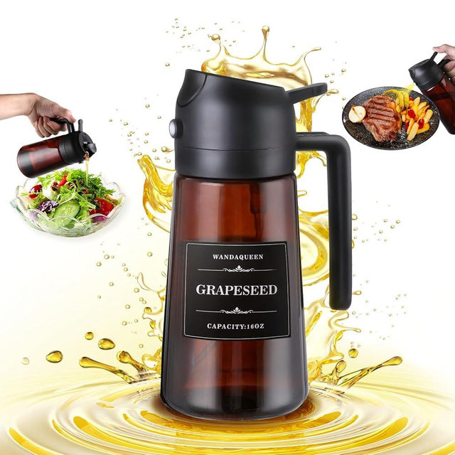WandaQueen 2 in 1 Olive Oil Dispenser and Oil Sprayer, 16oz Olive Oil Dispenser for Kitchen, 470ml Oil Sprayer for Cooking, Olive Oil Dispenser Bottle with Stickers, Upgraded Brown