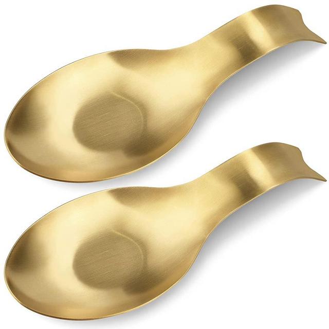 Stainless Steel Spoon Rest,Spatula Ladle Holder, Stainless Steel Utensil Spoon Rest Holder, Brushed Finish, Dishwasher Safe 3.8 x 9.4 Inch (Fish Shape Gold Color 2PC)