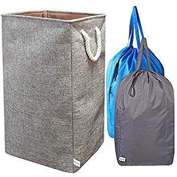 UniLiGis Collapsible Large Laundry Hamper with 2 Detachable Laundry Bag,Foldable Dirty Clothes Hamper Organizer,Laundry Basket Collapsible for Dorm Room,Cotton and Linen(Grey)