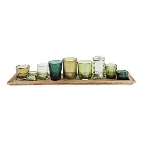 Creative Co-op Natural Wood Tray with 9 Unique Glass Votive Candle Holders, Earthy Greens