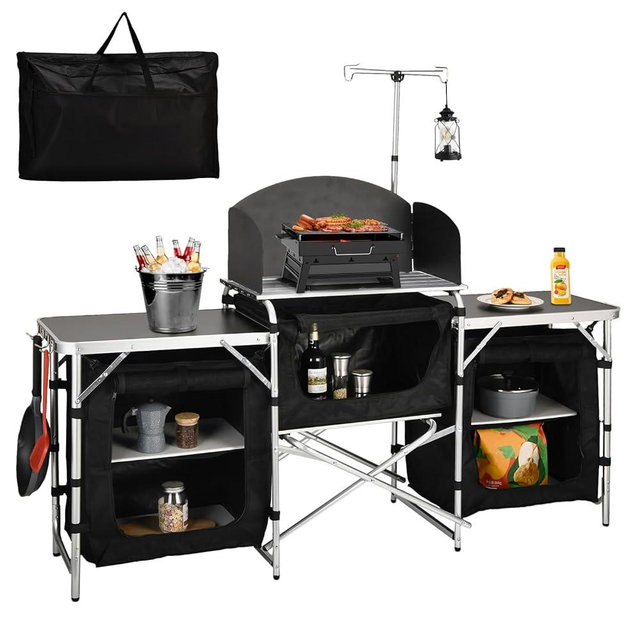 JOUYEK Camping Table, Camping Kitchen Table, Folding Camping Table with Storage Bag, 3 Multifunctional Storage Cupboards & Windshield Cooking Station, for BBQ, Picnic, Cooking