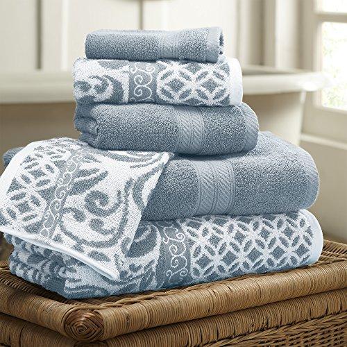 Amrapur Overseas | Trefoil Filigree 6 Piece Reversible Yarn Dyed Jacquard Towel Set (Sterling Blue)