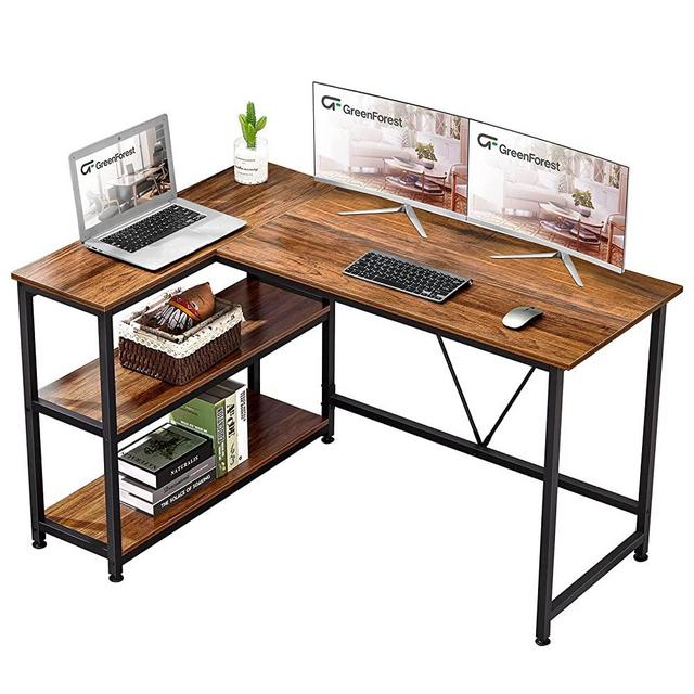 GreenForest Small L Shaped Desk 51x35.4 inch Reversible Corner Gaming Computer Desk with Storage Shelves for Home Office PC Workstation Laptop Table, Walnut