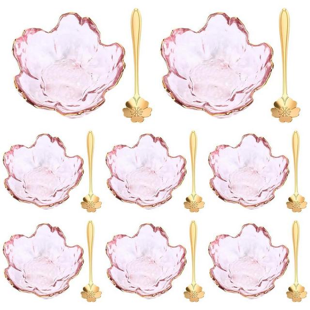 Yiyiring Set of 8 Pink Cherry Blossom Glass Bowls with Flower Spoons, Sakura Sauce Dishes Seasoning Little Bowl Japanese Flower Crystal Glass Appetizer Plates for Dipping Ice Cream(Gold Rim)