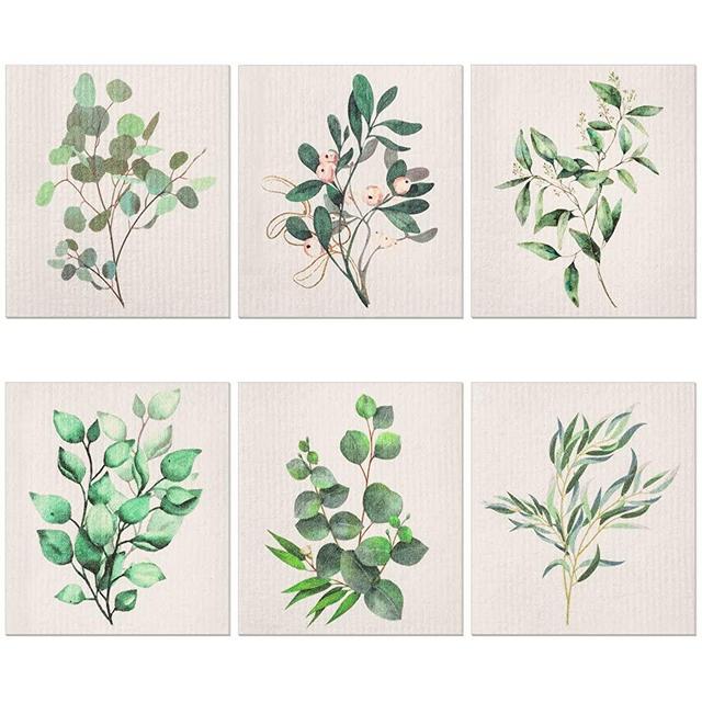 6 Pieces Swedish Kitchen Dishcloths Botanical Dishcloths Tossed Greenery Reusable Sponge Cleaning Cloths Absorbent Dish Cloth Quick Drying Washable Wipes No Odor Hand Towel for Kitchen