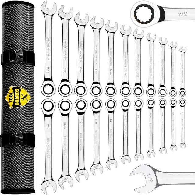 {22 Pieces + Bag} Ratcheting Wrench Set Ratchet Wrenches - Chrome Vanadium Steel With Tool Roll - SAE & Metric Combination Ended Standard Kit - Open End MM & Inch Gear With Large Size Organizer Pouch