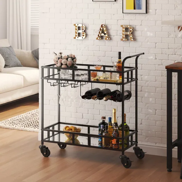 Bar Cart, Home Bar Serving Cart, Wine Cart with 2 Mirrored Shelves, Wine Holders, Glass Holders, for Kitchen, Dining Room