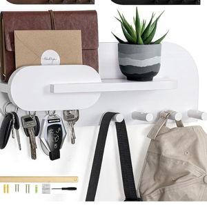 White Solid Wood Mail and Key Holder for Wall Decorative Display - Includes Mail Holder, Shelf with Hooks for Keys & Pegs for Hanging Hats, Coats, Bags, Backpacks & More - Sleek Modern Design