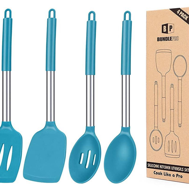 Pack of 4 Silicone Cooking Utensils Set, Non Stick Large Solid Spatulas, Heat Resistant Blue Slotted Spoons, Ideal BPA Free Kitchen Turners for Frying, Mixing,Serving,Draining,Turning,Stirring