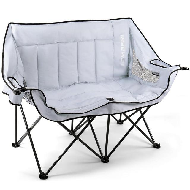 PRETZI Double Camping Chair for Adults,Oversized 2 Person Loveseat Chair,Folding Padded Outdoor Seat with Cup Holders,Heavy Duty Support 600 LBS for Camping,Beach,Sports,Lawn,Grey