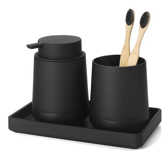 GAHEFY Black Bathroom Countertop Accessories Set - Soap Dispenser and Toothbrush Holder with Silicone Boot,Vanity Tray (Black Liquid)