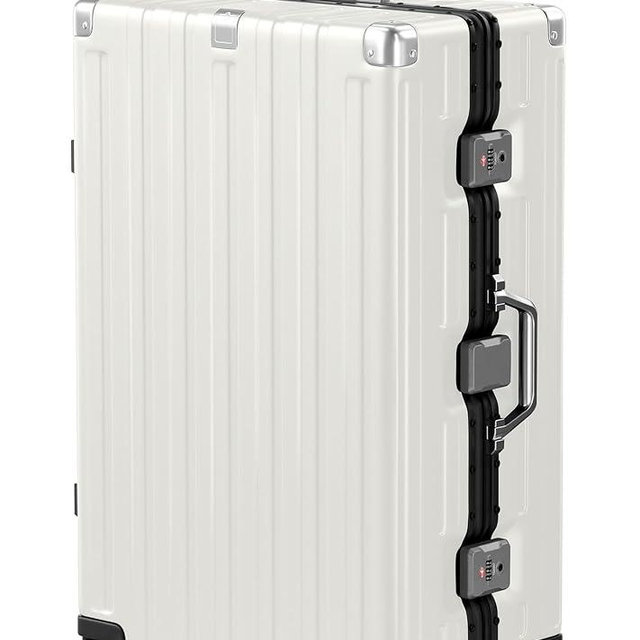 Krute 28 Inch Aluminum Frame No Zipper Large Luggage Noble Metal Hardshell Lightweight Luggage PC+ABS TSA Suitcase with Spinner Wheels White
