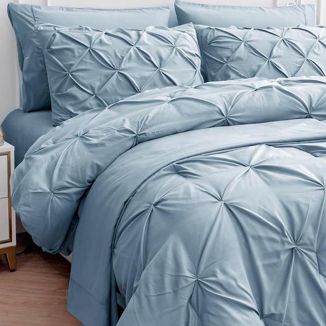 LANE LINEN Comforters Queen Size, 7 Piece Queen Comforter Set, Soft Queen Size Comforter Sets, Pintuck Queen Bed Set, Fluffy Comforters Queen Size Set with Sheets, Pillowcases & Shams - French Blue