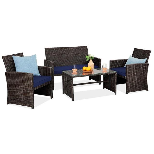 Best Choice Products 4-Piece Outdoor Wicker Patio Conversation Furniture Set for Backyard w/Coffee Table, Seat Cushions - Brown/Navy
