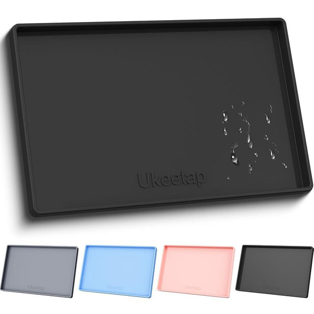 ukeetap Extra Thick Silicone Mat Waterproof with Raised Edge 19” x 12”, BPA Free Non-Slip Dog & Cat Food Mat, Feeding Mat for Food and Water Bowls, Spill Proof Mat to Protect Floors, Black